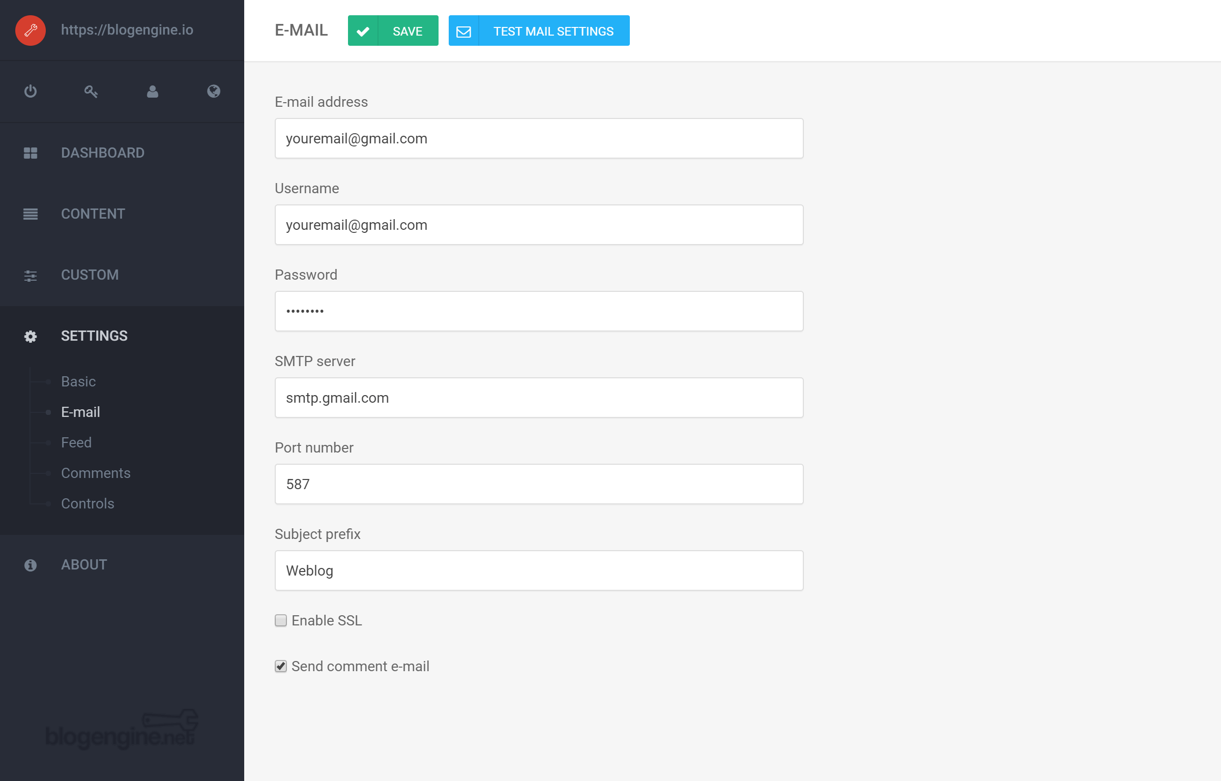 BlogEngine Email Settings