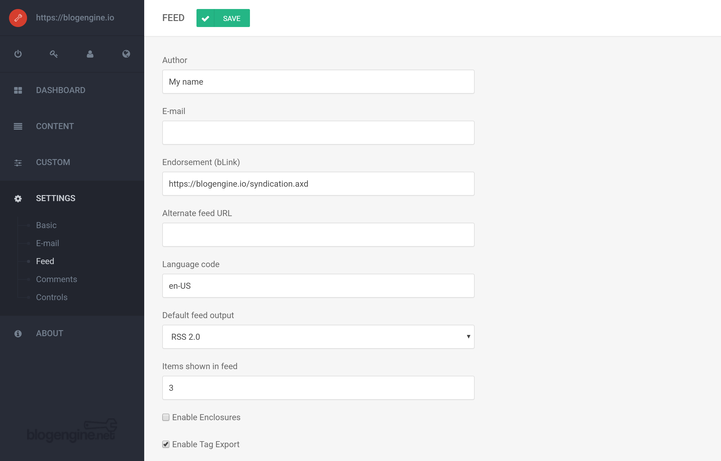 BlogEngine Feed Settings
