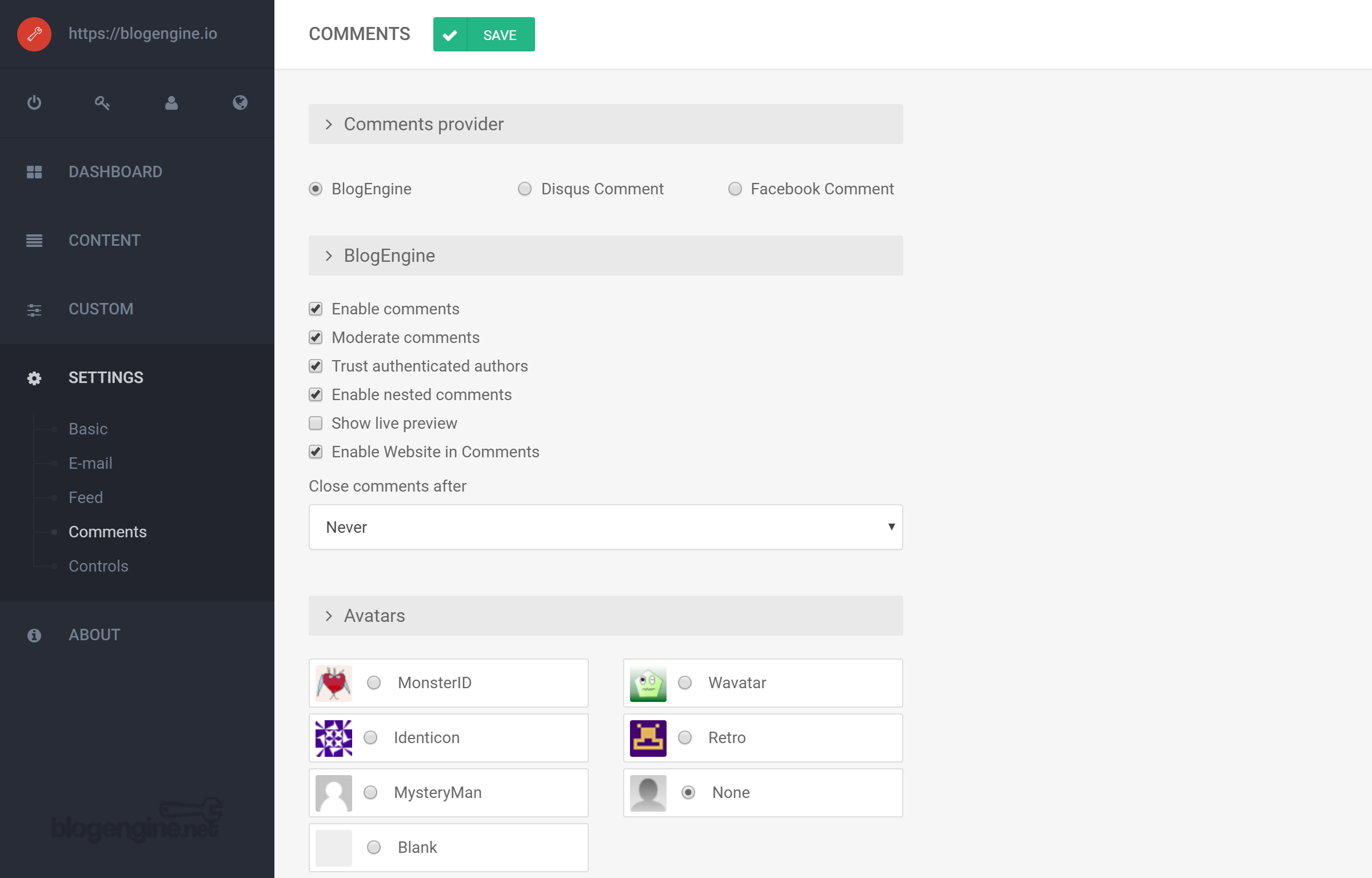 BlogEngine Comments Settings